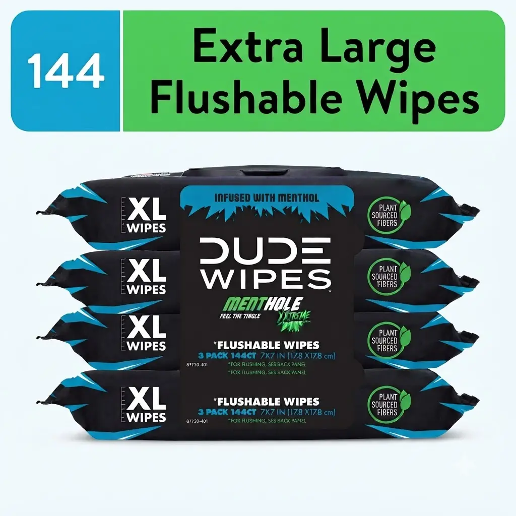 DUDE Wipes Flushable Wipes XXtreme XL 144 Count Extra Large Cooling Mint Soothing Flushable Wipes Pack