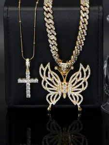 Stylish Hip-Hop Butterfly Pendant Necklace Set, Glittering Cuban & Tennis Chains, Multilayer Design for Men & Women, Ideal for Daily Wear, Layered Necklaces