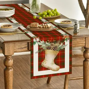Christmas Table Runner Set, 5-Piece Plaid Kitchen Mats, Holiday Decor for Home Dining Room, Indoor Outdoor Party Decoration