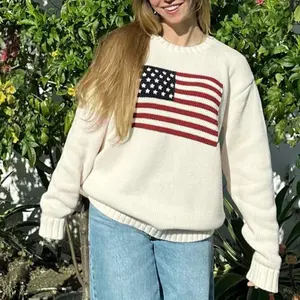 Women’s Patriotic Sweater Stars & Stripes Flag Print Crew Neck Long Sleeve Pullover Loose Casual Knit Jumpers Women’s Knitwear Check Light