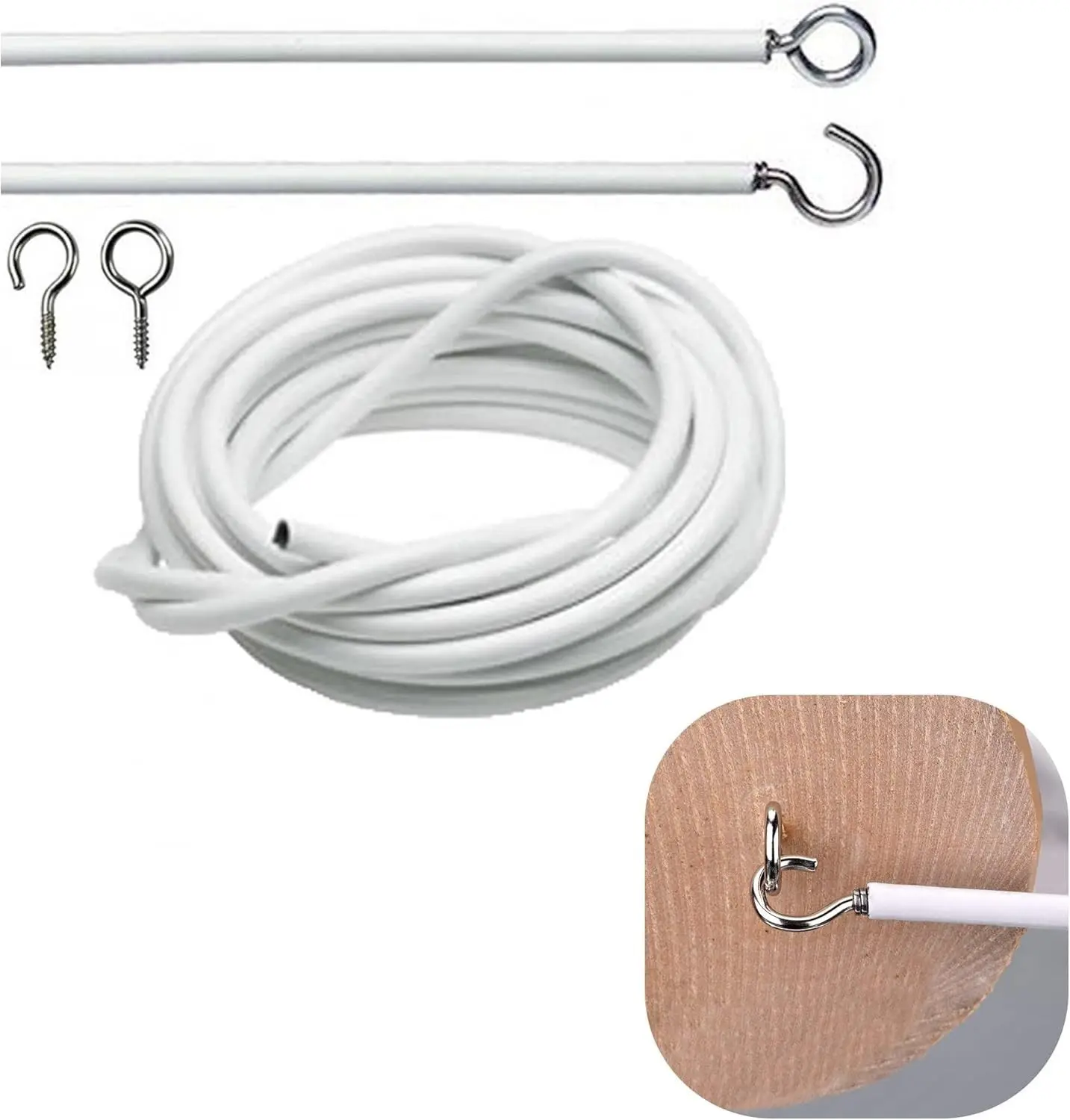 Net Curtain Wire White Hanging Window Cord Cable Kit 2-4 Meters Curtain String with Self-Adhesive Hook Eyes for Curtain Rod (9.84TF/118.11inch)