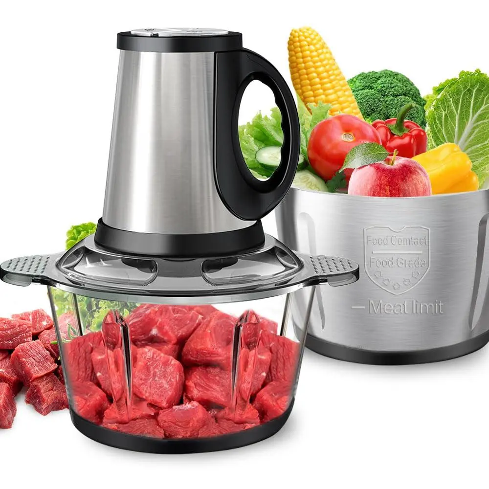 Food Processors  3-speed Electric With Vegetable & Meat - 2 (8 Cup Stainless Steel+8 Glass) 300w Sets Of 4 Bi-level For Vegetable/fruits/meat