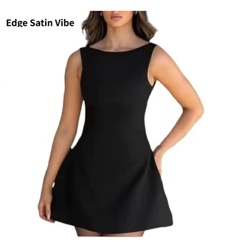 Sleeveless Backless Boat Neck Tank A-line Skirt, Street Fashion Casual Sleeveless Short Skirt Suitable for Daily Outdoor Wear, Women's Summer Dress, Tea Cup Skirt