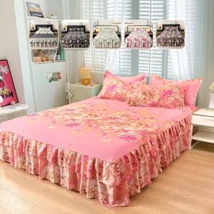 2/3pcs Floral Bed Skirt Fitted Sheet Set, French Romantic Style, 38cm/14.96" Drop Bed Skirt for Full Coverage, Elastic Strap Non-Slip, Soft & Breathable, Includes Pillowcases, Ideal for Bedroom & Apartment
