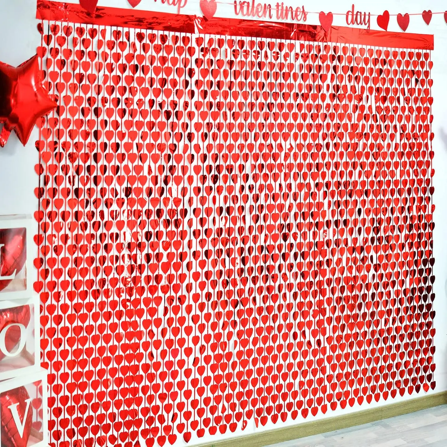 3 Pack Valentines Decorations,Valentines Party Decoration,3.3x6.6ft Red Heart Shape Tinsel Foil Fringe Curtain Valentines Photo Backdrop,Streamer Backdrop for Birthday,Engagement,Wedding
