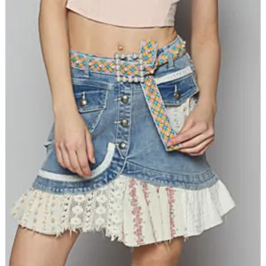 POL Denim Printed Patchwork Button Down Flare Mini Skirt