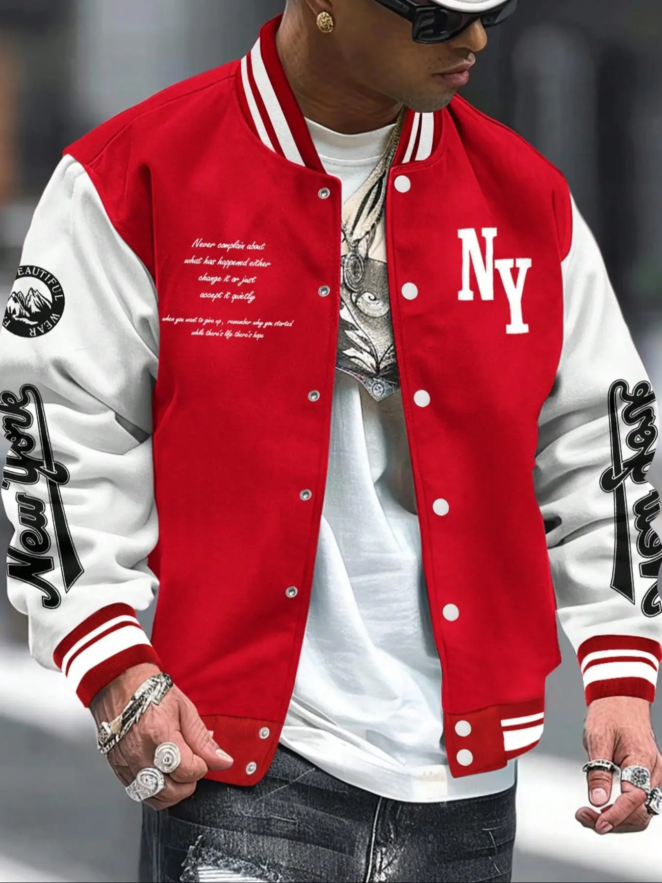 Men's Letter Print Baseball Collar Bomber Jacket, Loose Casual Sporty Long Sleeve Varsity Jacket for Fall & Winter, Men's Outerwear for Daily Wear