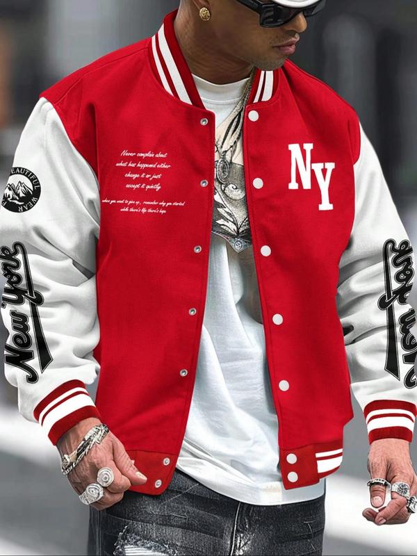 Men's Letter Print Baseball Collar Bomber Jacket, Loose Casual Sporty Long Sleeve Varsity Jacket for Fall & Winter, Men's Outerwear for Daily Wear