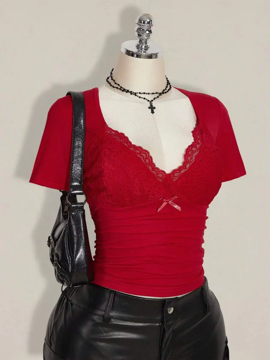 Plus Size V-Neck Lace Patchwork Waist Ruched Fitted Knit Top, Sexy T-Shirt For Spring/Summer, Wedding Guest Blouse Red Lace Top