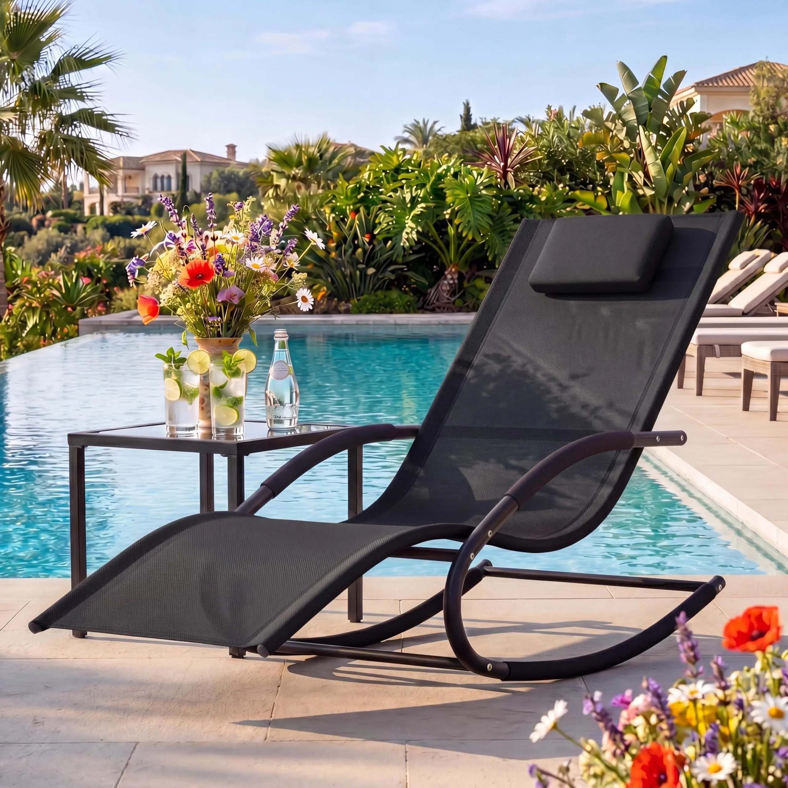 Outdoor Lounge Chair, Rocking Chair, Lounge Chair Recliner with Detachable Pillow for Patio, Lawn, Pool, Outdoor Home Furniture, Black