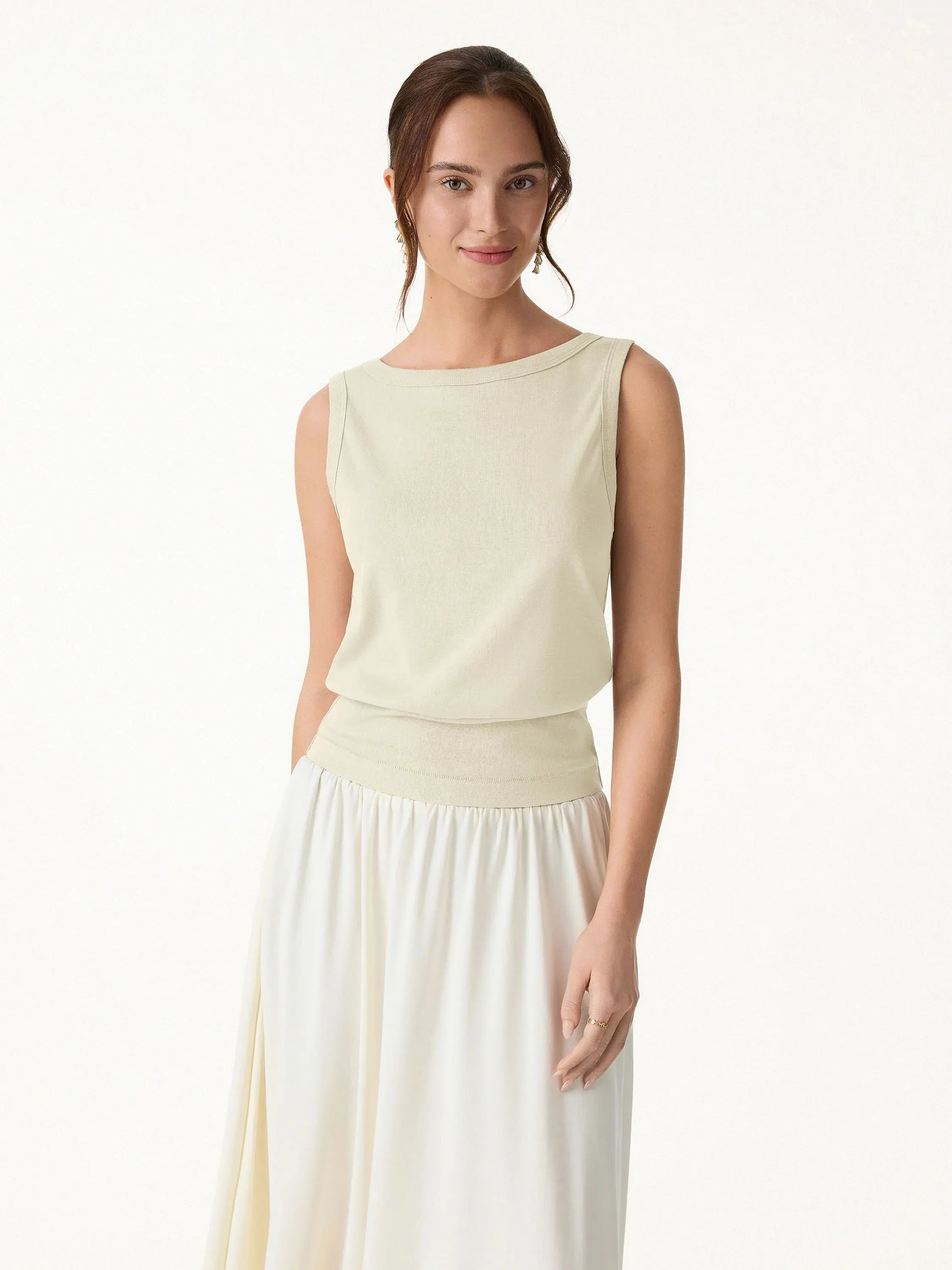 Cotton-Linen Blend Reversible Boatneck Low Back Top Shirt
