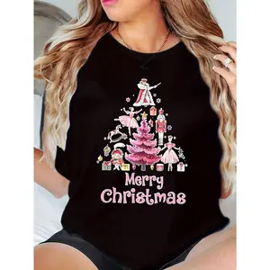 Plus Size T-Shirt Christmas Tree Ballet Dancer Nutcracker Princess Print Merry Christmas Holiday Party 220g