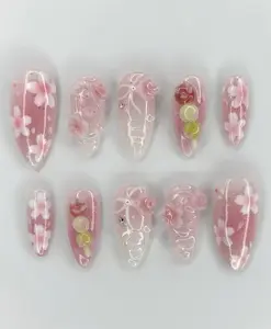 Blush pink sakura blossom nails with 3D petals, soft jelly layers and dewy drops — dreamy springtime floral elegance with a delicate feminine glow