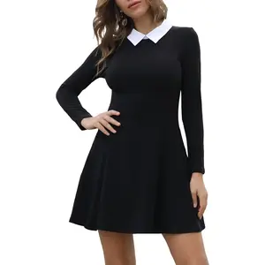 Women's Long Sleeve Fall Dresses 2025 Casual Peter Pan Collar A Line Fit and Flare Skater Goth Dress