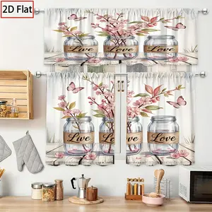 2D Flat Kitchen Curtains Tier & Valance Set, Glass Jar Flower Print, Rod Pocket, Light-filtering, Rod Not Included Foldable Colorful Room Divider living Leaf Transparent