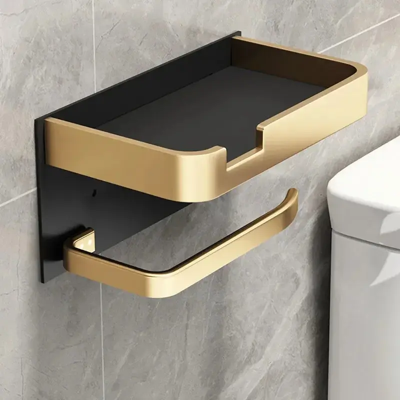Black Gold Space Alloy-Aluminium Wall-Mount Bathroom Toilet Paper Holder, Multifunctional WC Accessory with Phone Shelf, Towel Roll Shelf, Fits Rolls, Bathroom Accessories Set, Durable