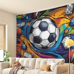 2D Flat, 1pc Vibrant Football-Themed Wall Mural - Colorful Soccer and Ball Design, Polyester Party Backdrop | Suitable for Birthdays, Anniversaries, Weddings & More | Durable 2D Flat Polyester Fabric Background
