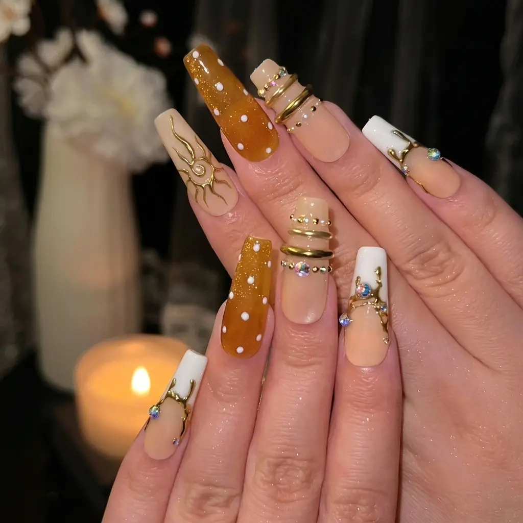 (MTO) Women's Luxury Long Square Press-On Nails, BubbleNailArt Brown-Gold Freestyle Design, 3D Sculpted Crystal Rhinestones, Handmade Multi-Size Reusable Fashion Accessory for Everyday Wear & Standout Look