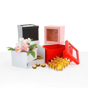 Double Layer Square Surprise Flower Box , 7.3"x 7.3"x 6.1", Various Colors | W976