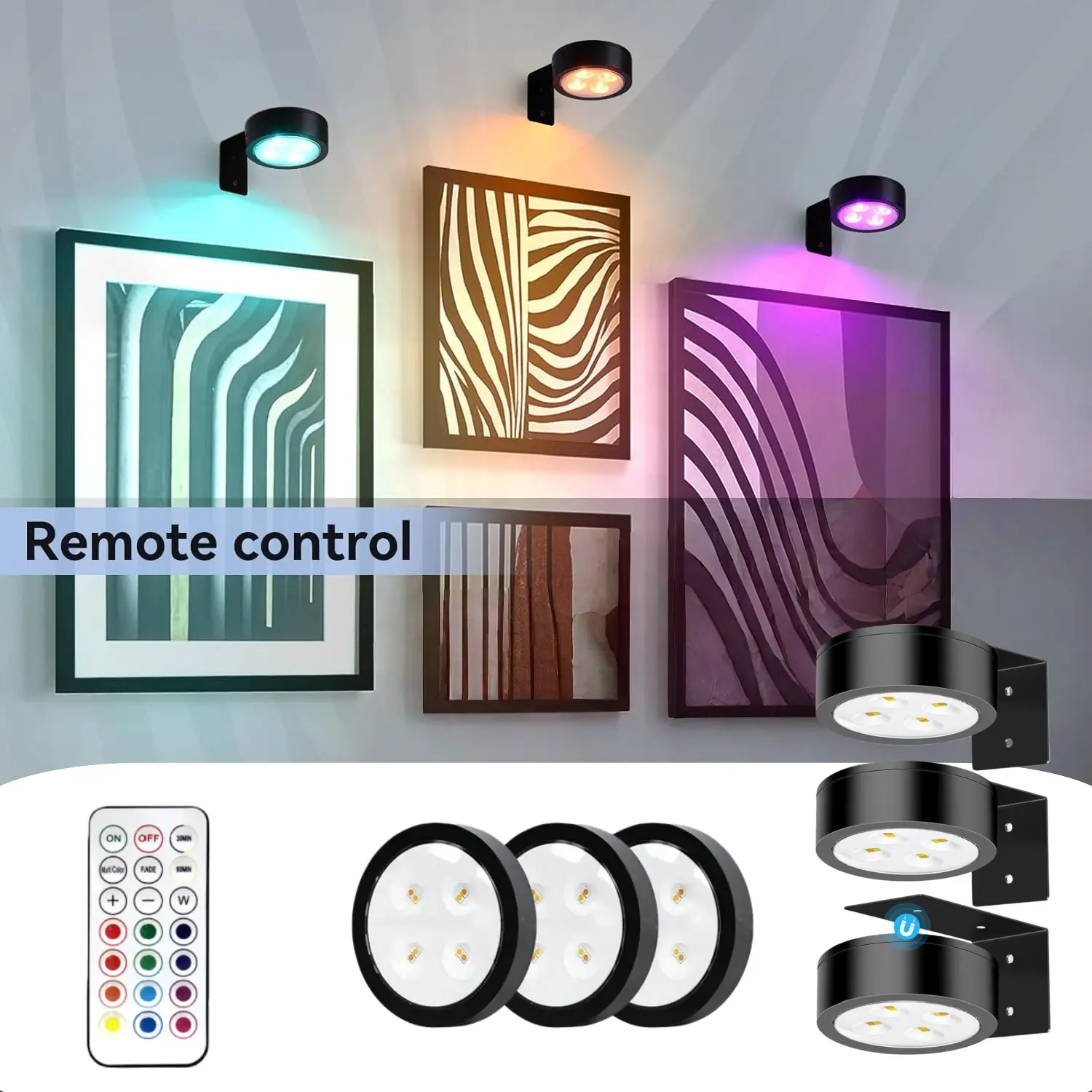 1/3/6PCS Picture Lights for Wall, Picture Frame Light, Adjustable Lights, Adjustable Leds, Dimmable Rgb Light, Led Art Display Light with Battery Operated, Magnetic Painting Light with Remote Control, Home Lighting, Black, Art Exhibitions