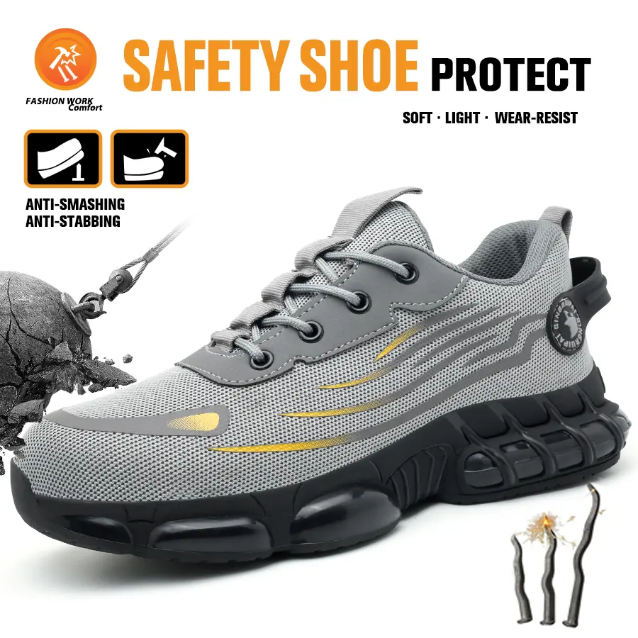 Men's Steel Toe Work Safety Shoes - Closed-Toe Worker Shoes, Breathable Mesh Lace-Up Footwear, Durable Striped Sneakers, Anti-Slip EVA Sole, Casual Summer Design, Safety Tip Shoes
