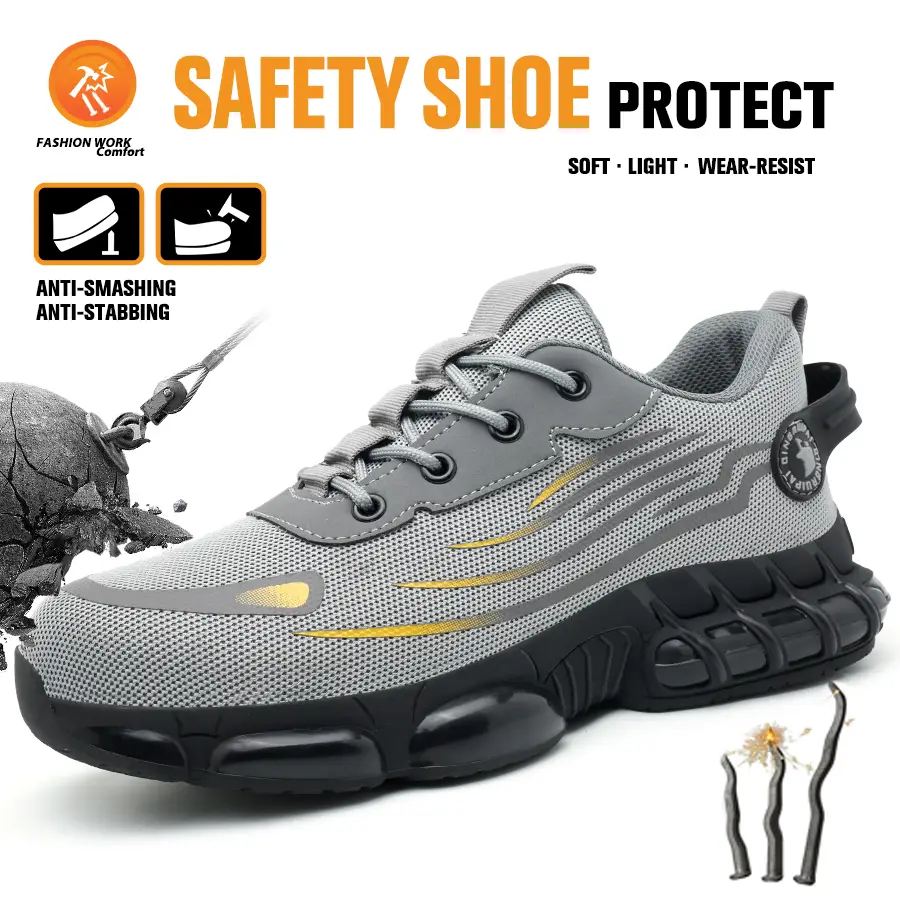 Men's Breathable Mesh Work Sneakers - Durable and Anti-Slip Safety Shoes with Steel Toe Protection, featuring a Casual Striped Design, Lace-up Closure