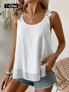Women's Floral Applique Patchwork Round Neck Tank Top Cami Spaghetti Strap