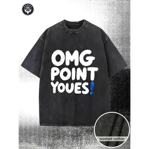 230G Pre-Washed, Loose-Fitting T-Shirt Featuring Striking White 'OMG POINT YOUES!' Lettering with a Blue Exclamation Mark, Premium Casual Apparel, Ideal for Summer Looks And Daily Wear