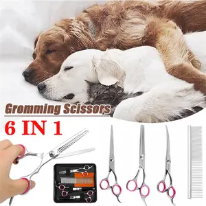 Professional 6 in 1 Dog Grooming Scissors Set with Safety Round Tips, Sharp and Heavy-duty Pet Grooming Shears for Cats Dogs