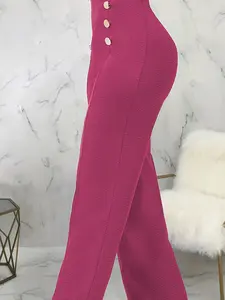 High Waist Straight Leg Pants for Women, Button Decor, Textured Knit Trousers, Casual Fitted Office Workwear, Elastic