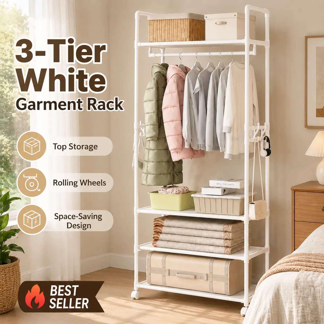 3-Tier Black Garment Rack with Shoe Storage, Rolling Clothes Rack with Side Hooks and Shelves for Bedroom, Closet and Laundry Room