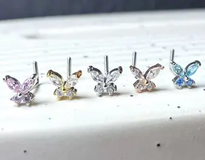 1pc CZ Gem Butterfly L-Bend 20g Nose Ring Stud Screw 316L Surgical Steel