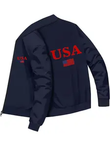 Casual Sports Style Men's Baseball Jacket with USA Letters and National Flag Print for Daily Wear Outdoor Activities and Commuting