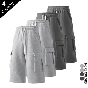 4-pack mid-length cargo shorts with multiple pockets, loose casual street-style men’s apparel outdoorfun