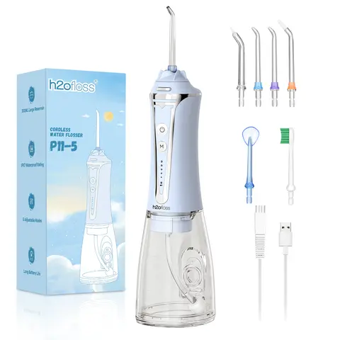 h2ofloss Portable Rechargeable Oral Care Cleaner Water Flosser - 5 Adjustable Modes, IPX7 Waterproof, Low-Noise, Long-Lasting Batteries, for Braces Wearers, Home/Travel Use (P11-5BLUE) - Ideal for Parent's Day
