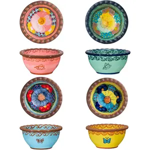 3 oz Ramekins,  Ceramic Creme Brulee Pudding Cups Set of 4 - Hand Painted Small Sauce Bowl for Kitchen in  Box, Microwave & Dishwasher Safe, 3.5 inch, Assorted Glazed