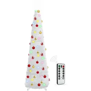 5 Ft Prelit Tinsel Pop Up Christmas Tree with 8 Light Adjustment Modes 50 Remote Color Lights Battery Operated, Pencil Artificial Slim Tree Xmas Decoration Home Party Indoor Outdoor