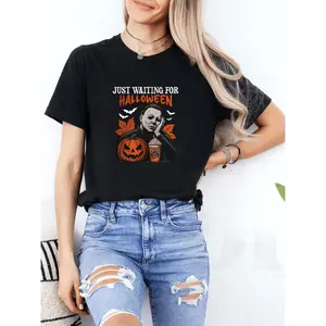 Awaiting Halloween Graphic Tee Unisex Casual Short Sleeve T-Shirt Featuring JackO’Lantern and Pumpkin Design Breathable Round Neck Perfect for Summer Halloween and Casual Wear Great Gift for Men and Women