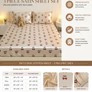 3-Piece Satin Bed Sheet Set, Includes 1 Bed Sheet and 2 Pillowcases, Luxurious Print Bedroom Linens, Soft Cooling, Perfect Gift