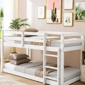 ARCH Twin over Twin Floor Bunk Bed with Ladder Solid Rubber Wood White Low Profile Space Saving Bed Frame for Kids Teens Bedroom with Sturdy Slatted Platform, Twin Size Options, White Color Options, Rubber Wood Material, Product Weight: 79.40 lb