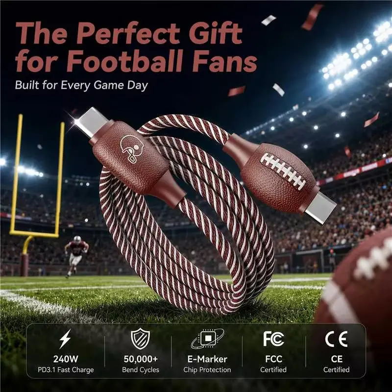 Enerzoom American Football Inspired Charging Cable 3D Gridiron Texture Design Sports Culture Desk Gear Not Just a Cable Emotional Desk Setup PD Fast Charging USB C c cord for Gamers Creators Football Fans Lifestyle Accessory usb-c data