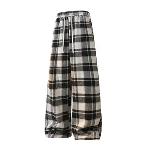 Unisex Plaid Trousers Casual Pants Loose Wide Leg Pants, Vintage Straight-Leg Fleece Thickened Warm Comfortable Autumn Winter Fashion Daily Wear