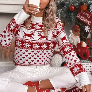 Women's Red & White Reindeer Christmas Sweater – Cozy Holiday Knit Pullover with Snowflake and Heart Patterns, Perfect for Festive Winter Looks-D240763