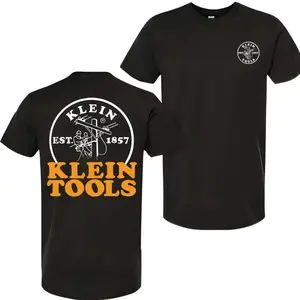 Klein Tools T-Shirt – Bold Utility Worker Logo with Vintage Lineman Illustration and Industrial Typography in High-Contrast White & Orange for Electricians & Tool Enthusiasts graphic  tee