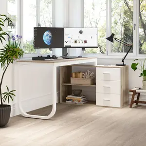 FUFU&GAGA Home Office Computer Desk Corner Desk with 3 Drawers and 2 Shelves, 55 Inch Large L-Shaped Study Writing Table with Storage Cabinet