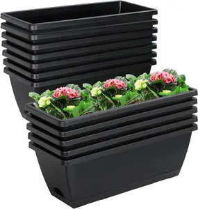 12-Pack 17-Inch Black Rectangle Planter Boxes with Drainage Holes & Trays – Durable Plastic Flower Pots for Indoor & Outdoor Garden, Patio, and Home Decor