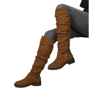 2026 New Pleated Mid-Length Boots for Women with Buckle, Over-the-Knee Stack Boots with Chunky Heel for a Slimming Effect