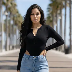 Black Ribbed Zip Front Bodysuit – Long Sleeve Stretch Fit  Black Bodysuit Essential Everyday