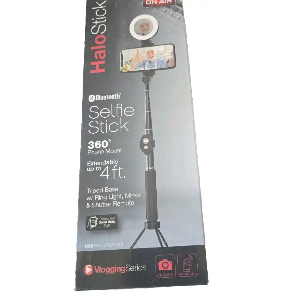 On Air Halo Stick 4ft Selfie Stick with 360° Phone Mount Extendable Up to 4 ft Tripod Base with Ring Light Mirror & Shutter Remote Vlogging Series