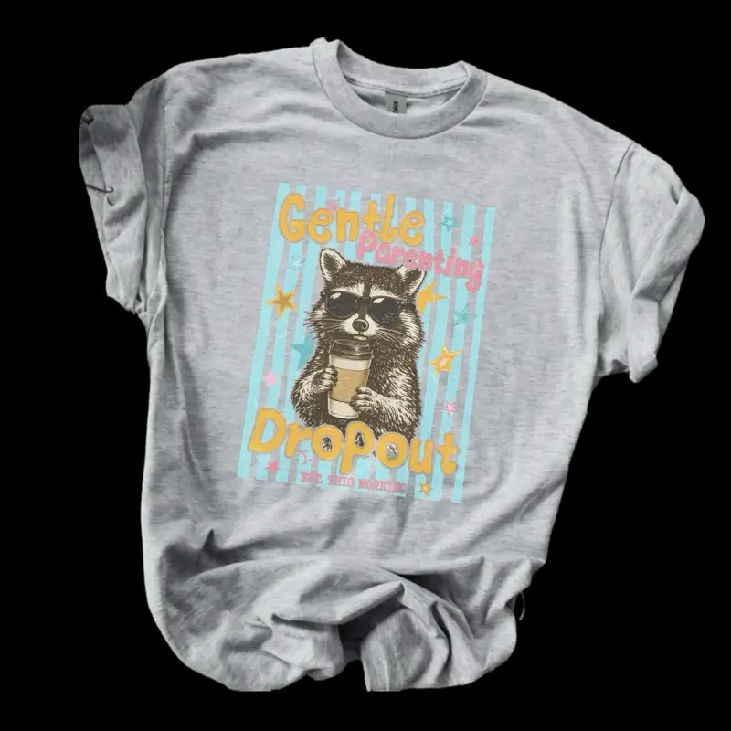 Gentle Parent Dropout Raccoon Bleached Shirt Comfy Unisex Jersey Top Casual Vintage Style Short Sleeve Crew Neck Medium Length
